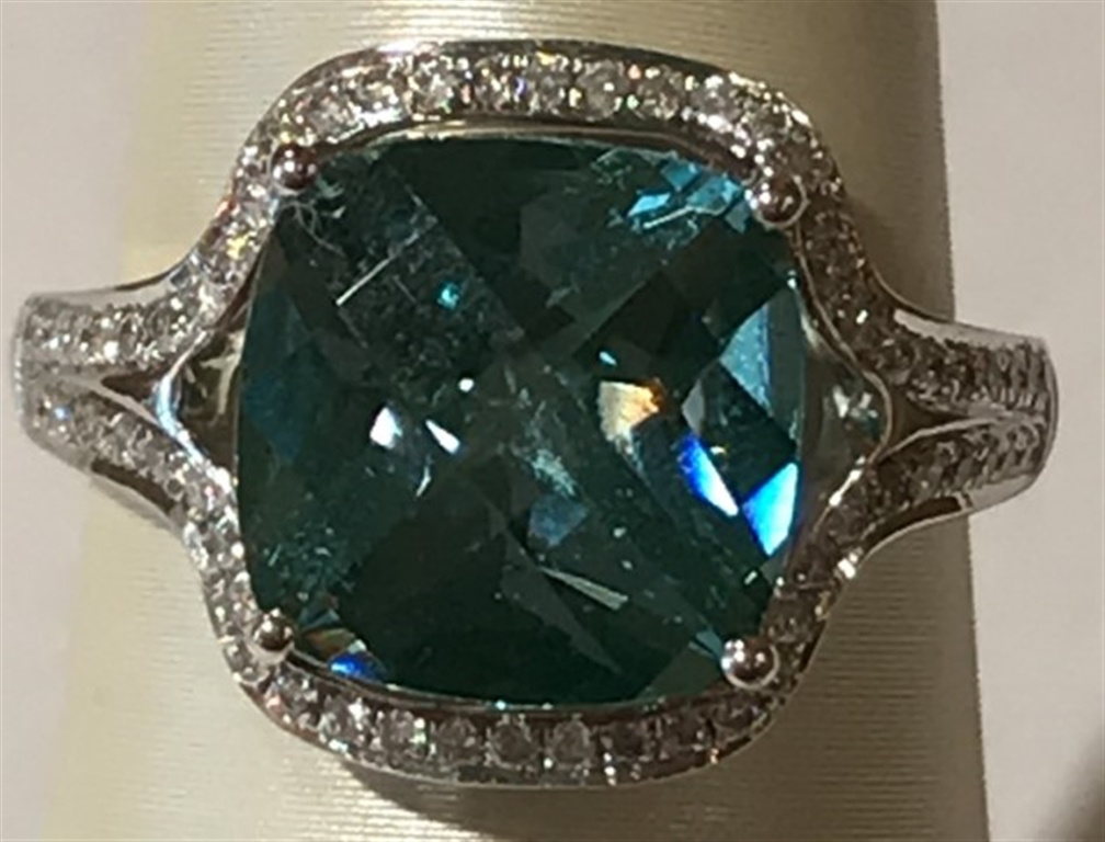 14k White Gold Diamond & Topaz Ring