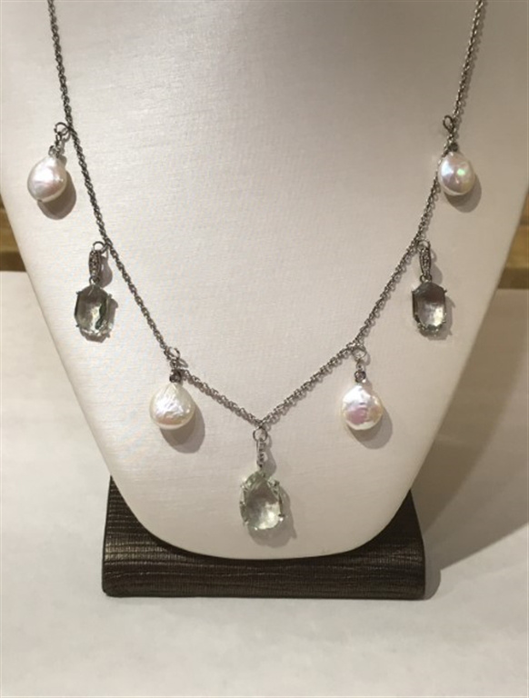 14k White Gold Blue Topaz & Pearl Necklace