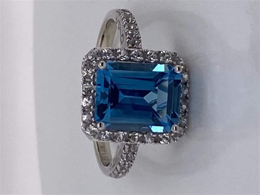 14k White Gold Blue Topaz & Diamond Ring
